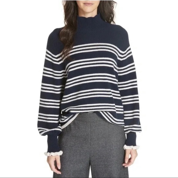 $295 Rebecca Taylor Women Sz XS Navy Blue Striped Merino Wool Turtleneck Sweater - Picture 4 of 13